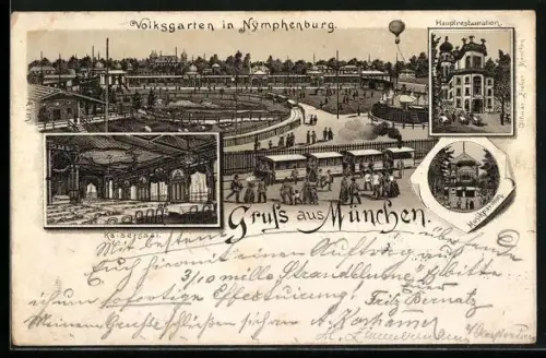 Vorläufer-Lithographie München-Nymphenburg, 1895, Volksgarten, Hauptrestaurant, Kaisersaal, Strassenbahn