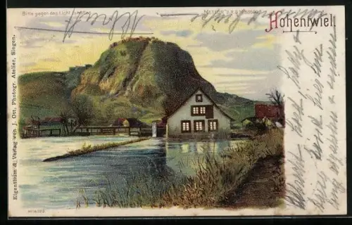 Lithographie Singen /Hohentwiel, Seeidyll mit Haus, Mondschein im Gegenlicht, Halt gegen das Licht