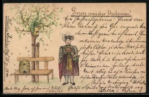 Künstler-AK Handgemalt: Indersdorf, Kloster Indersdorf, Bienenstock auf einer Bank und Frau in Tracht
