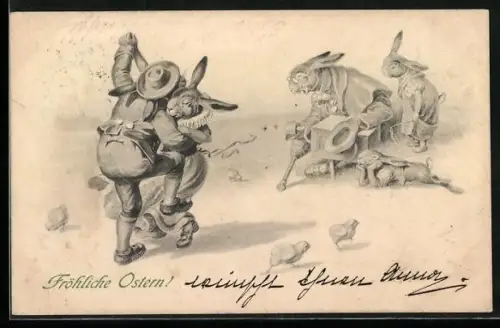 Künstler-AK Osterhasen-Paar tanzt, Osterhase spielt einen Leierkasten