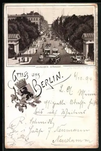 Vorläufer-Lithographie Berlin, 1894, Blick auf die Leipziger Strasse mit Strassenbahnen