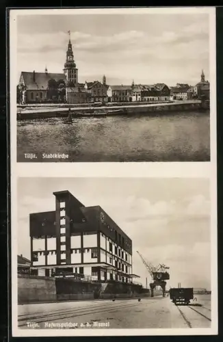 AK Tilsit, Stadtkirche, Hafenspeicher a. Memel