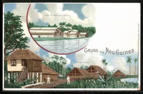 Lithographie Erima-Hafen /Neu-Guinea, Strassenpartie im Ort, Friedrich Wilhelms Hafen