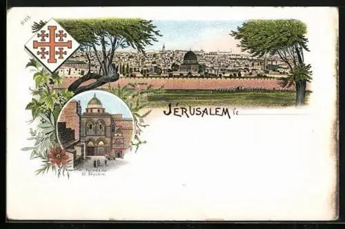 Lithographie Jerusalem, Facade du St. Sépulcre, Panorama