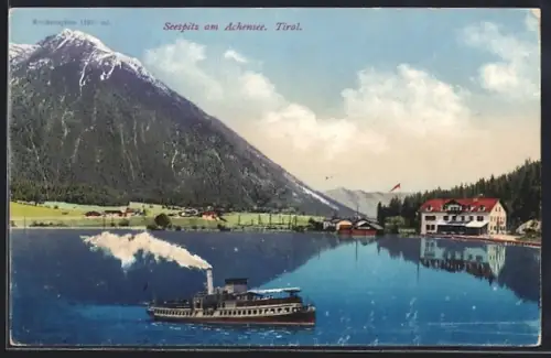 AK Maurach am Achensee, Seespitz, Ausflugsdampfer vor dem Gasthaus