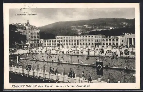 AK Baden b. Wien, Neues Thermal-Strandbad, Sanatorium Esplanade