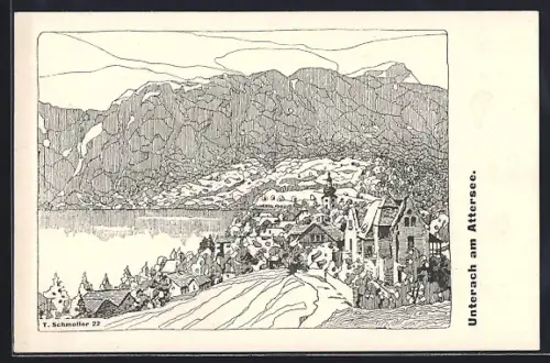 Künstler-AK Unterach am Attersee, Ortsansicht mit Kirche