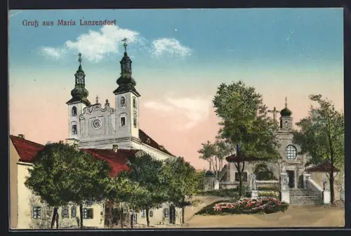 AK Maria Lanzendorf, Ortspartie mit Kirche