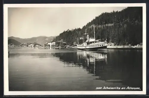 AK Scholastika am Achensee, Ortsansicht mit Dampfer
