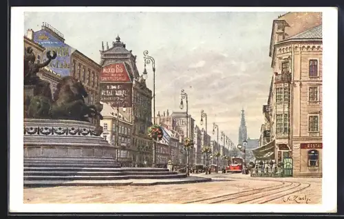 Künstler-AK Wien, Strassenbahn in der Praterstrasse