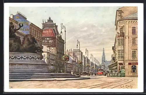 Künstler-AK Wien II, Praterstrasse mit Geschäften, Strassenbahn