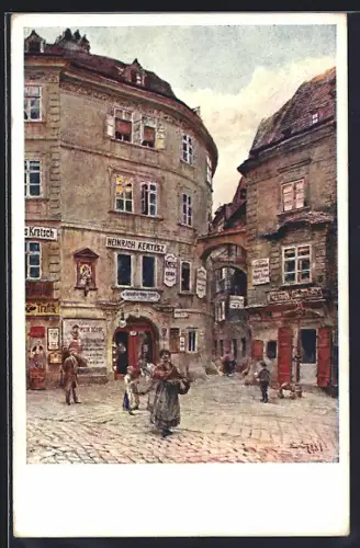 Künstler-AK Emil Czech: Wien, Griechengasse mit Weinhandlung von Heinrich Kertesz, Frau mit Korb