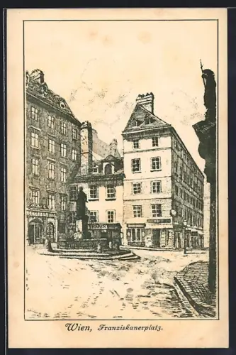 Künstler-AK Wien, Franziskanerplatz mit Geschäften und Brunnen