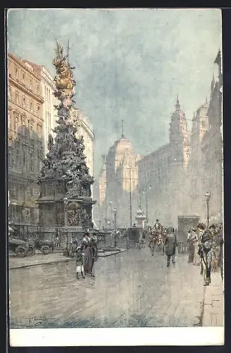 Künstler-AK Wien, Graben, Passenten überqueren die Strasse an der Dreifaltigkeitssäule