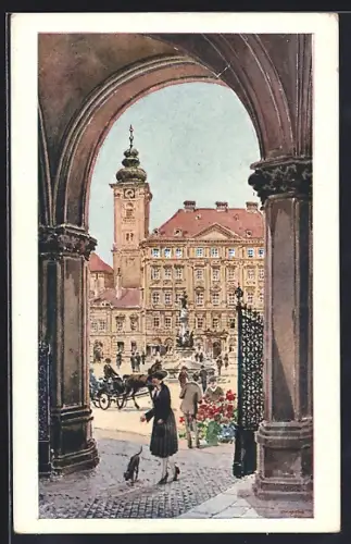 Künstler-AK Wien, Am Hof, Spaziergängerin mit Hündchen