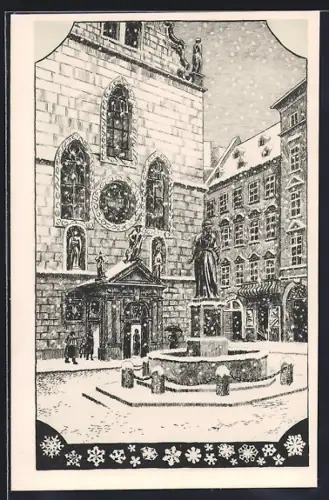 Künstler-AK Wien, Franziskanerplatz mit Brunnen