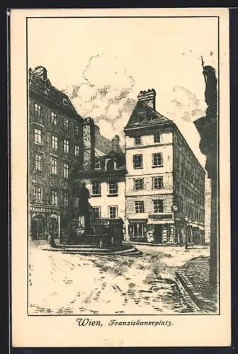 Künstler-AK Wien, Franziskanerplatz mit Geschäften und Brunnen
