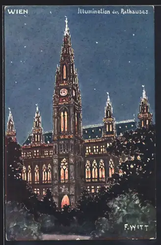Künstler-AK Wien, Illumination des Rathauses