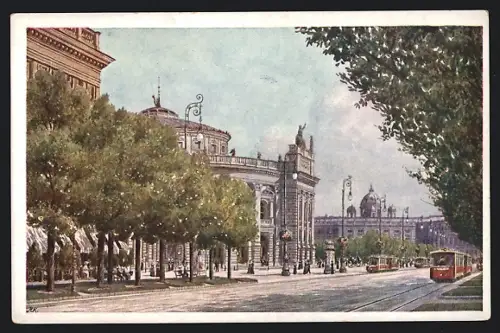 Künstler-AK Wien I, Burgtheater und Strassenbahnen