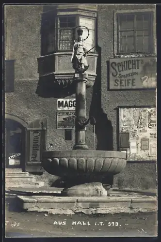 AK Hall, Reklame auf Emaille-Schildern und Brunnen