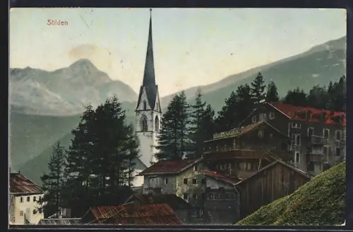 AK Sölden, Teilansicht mit Kirche und Haus Grüner zum Alpenverein