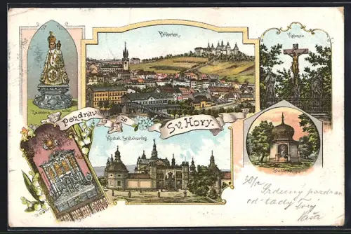 Lithographie Pribram, Zázraona soska, Kalvarie, Kostel Svatohorsky, Studánska