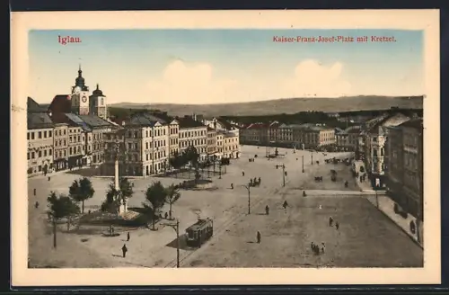 AK Iglau, Kaiser Franz Josef Platz mit Kretzel und Strassenbahn