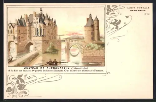 Lithographie Chenonceaux, Château de Chenonceaux et son reflet sur l`eau