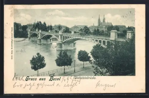 AK Basel, Wettsteinbrücke mit Strassenbahn