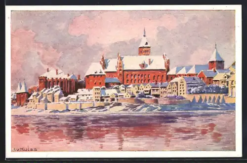 Künstler-AK Marienburg / Malbork, Ortsansicht mit Flussufer im Winter
