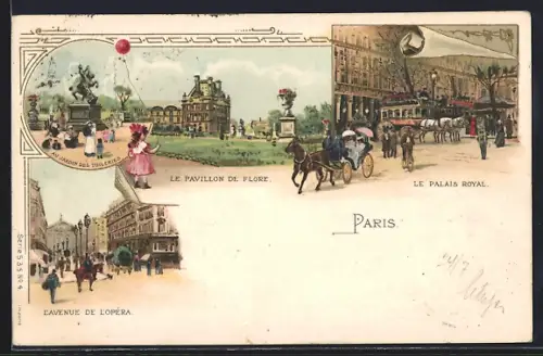 Lithographie Paris, le Pavillon de Flore, le Palais Royal, l`Avenue de l`Opera