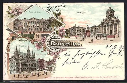 Lithographie Brüssel / Bruxelles, Palais de la Nation, Maison du Roi & Maison des Tailleurs, Place Royale