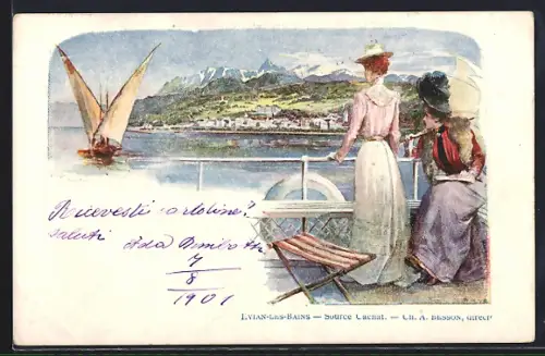 AK Evian-les-Bains, Damen schauen auf Segelboot