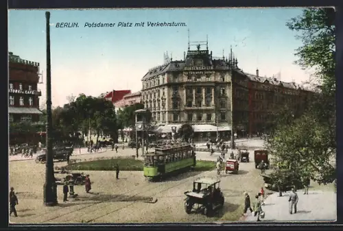 AK Berlin-Tiergarten, Potsdamer Platz mit Verkehrsturm und Strassenbahn