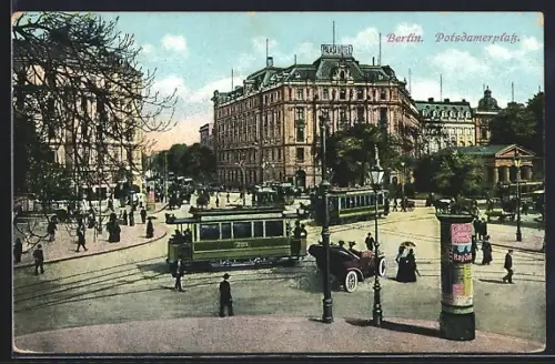 AK Berlin-Tiergarten, Potsdamerplatz mit Palast Hotel, Strassenbahnen, Litfasssäule