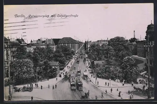 AK Berlin, Potsdamerpletz mit Leipzigerstrasse aus der Vogelschau, Strassenbahn