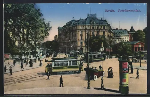 AK Berlin-Tiergarten, Potsdamerplatz mit Palast Hotel, Strassenbahnen, Litfasssäule