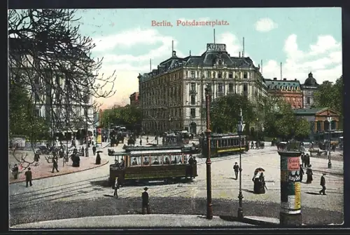 AK Berlin, Der belebte Potsdamer Platz mit Strassenbahn, Litfasssäule, Hotel