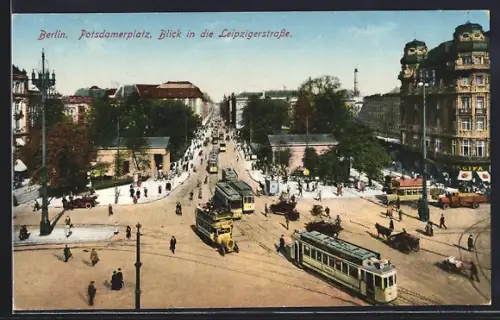 AK Berlin, Potsdamerplatz, Blick in die Leipzigerstrasse mit Strassenbahn