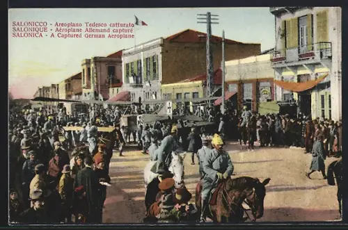 AK Salonique, Albatros conduit au parc, Transport von erobertem deutschem Kampfflugzeug, 1. Weltkrieg, Doppeldecker