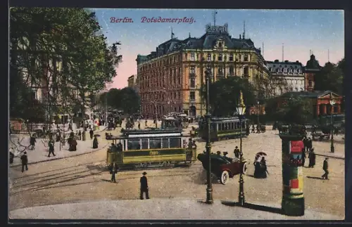 AK Berlin-Tiergarten, Potsdamerplatz mit Palast Hotel, Strassenbahnen, Litfasssäule