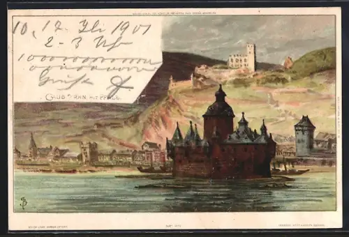 Künstler-AK Carl Biese: Caub a. Rhn., Uferpartie mit Pfalz