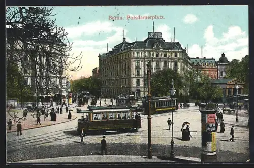 AK Berlin-Tiergarten, Strassenbahnen auf dem Potsdamerplatz, Litfasssäule