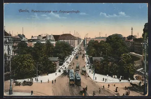 AK Berlin, Potsdamerplatz und Leipzigerstrasse mit Strassenbahn