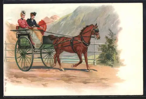 Lithographie Zwei Damen im Einspanner unterwegs im Hochgebirge