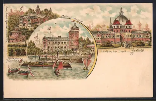 Lithographie Berlin, Gewerbe-Ausstellung 1896, Gartenbau-Ausstellung, Pavillon der Stadt, Marine-Schauspiel