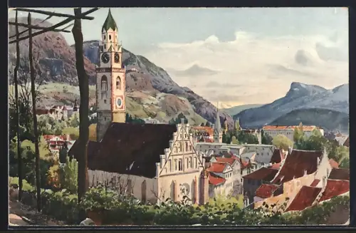 Künstler-AK J.Marschall: Meran, Blick zur Pfarrkirche