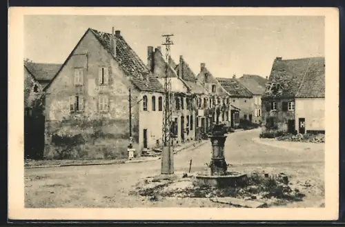 AK Saargemünd, Wölferdingen, Zerstörte Häuser mit Strasse u. Brunnen