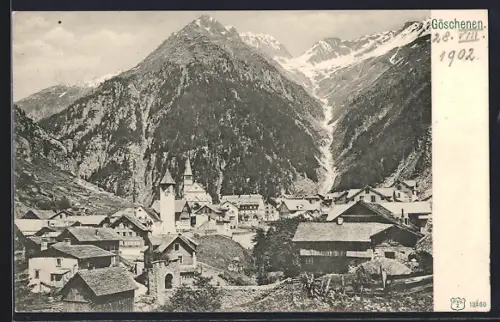 AK Göschenen, Ortspartie mit Bergen