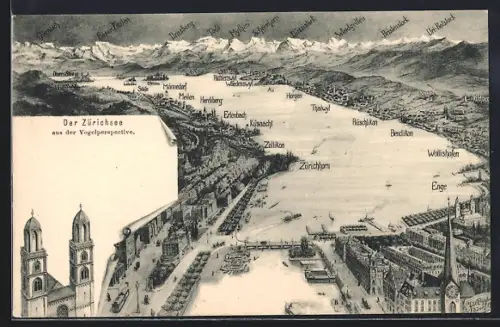 Künstler-AK Zürich, Blick auf den Zürichsee aus der Vogelschau, Siedlungen am Seeufer, Blick auf Mythen, Uri-Rotstock